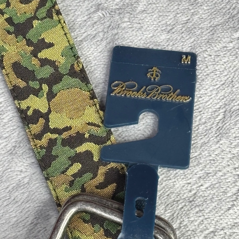 Brooks Brothers Belt Men Medium Green Camo Cotton Silk D-Ring Leather Trim